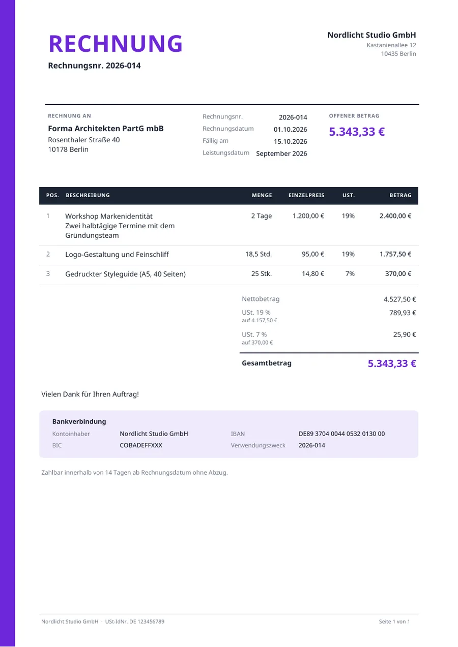 Rechnungsvorlage im Design Markant mit Positionen, Umsatzsteuer und Bankverbindung