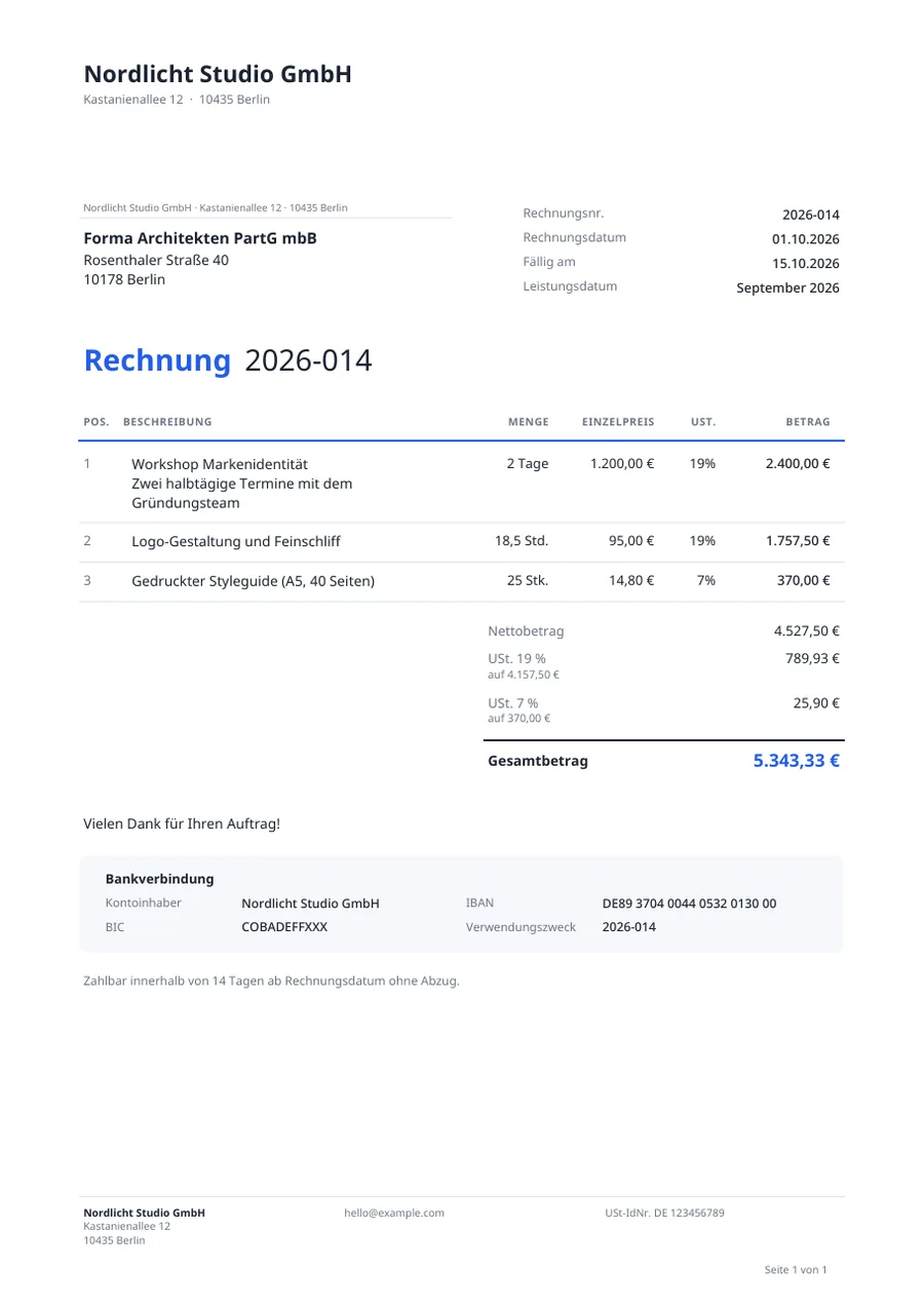 Rechnungsvorlage im Design Klassisch mit Positionen, Umsatzsteuer und Bankverbindung