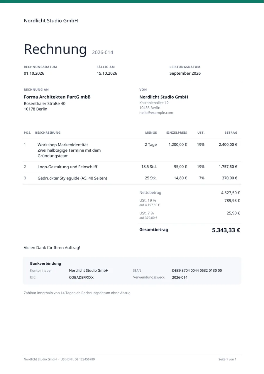 Rechnungsvorlage im Design Minimal mit Positionen, Umsatzsteuer und Bankverbindung