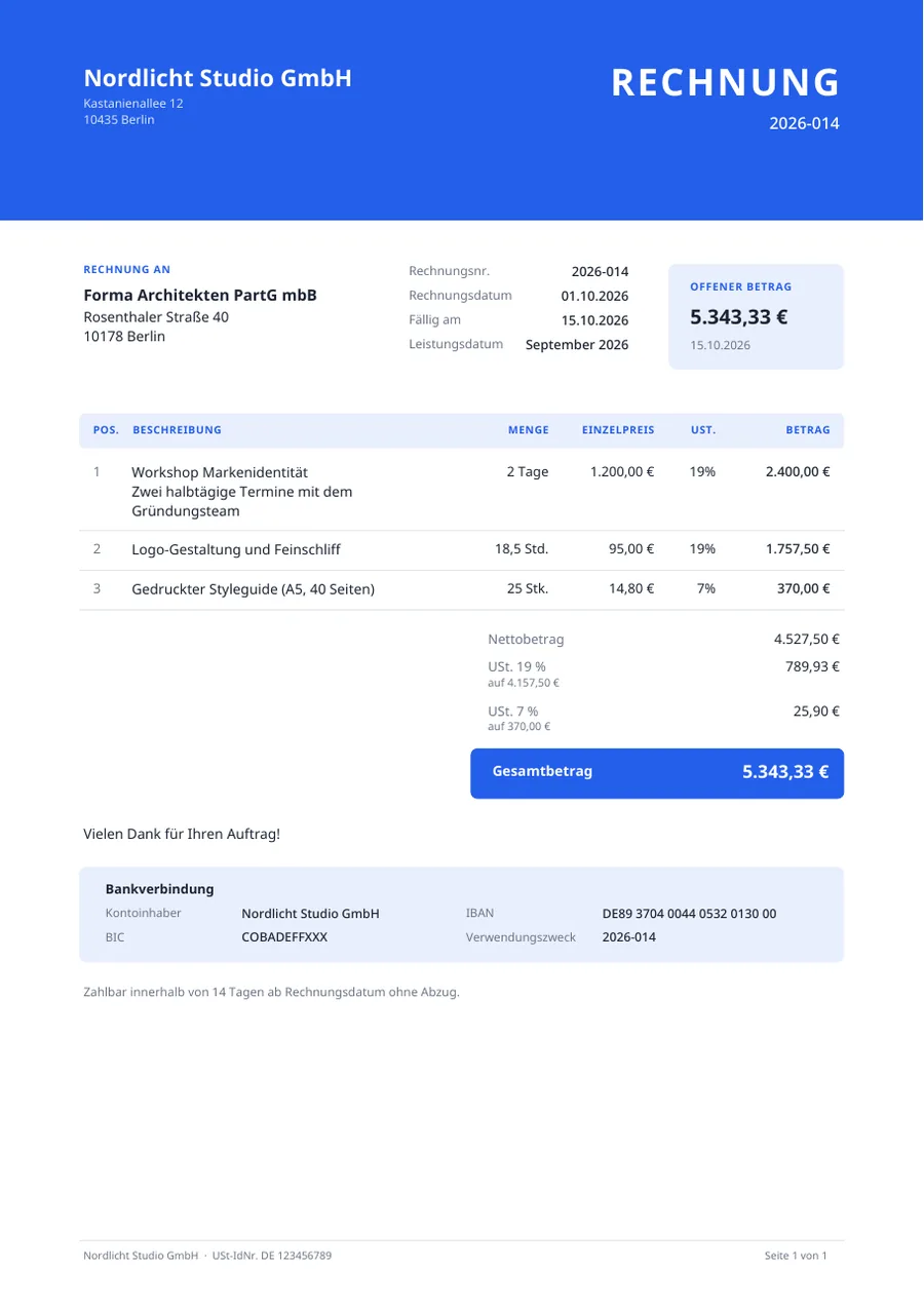 Rechnungsvorlage im Design Modern mit Positionen, Umsatzsteuer und Bankverbindung