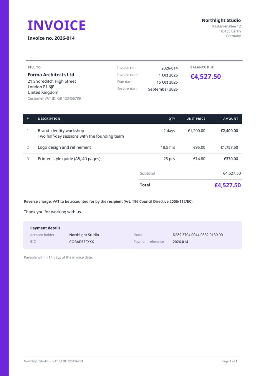Bold invoice template with line items, VAT and bank details