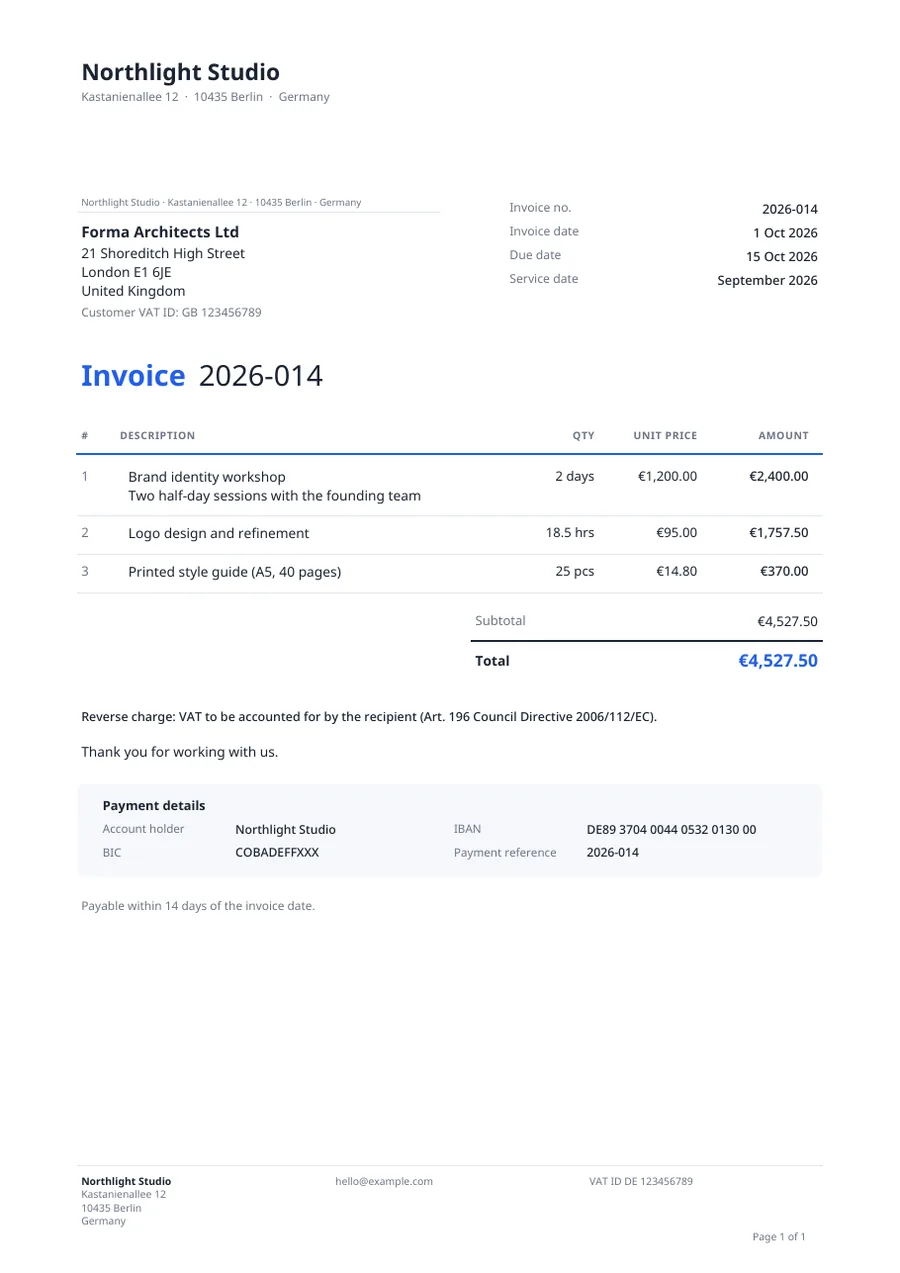 Classic invoice template with line items, VAT and bank details