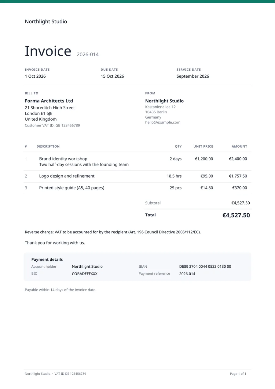 Minimal invoice template with line items, VAT and bank details