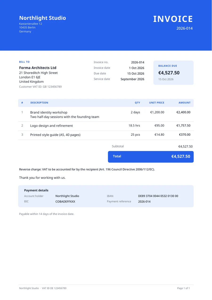 Modern invoice template with line items, VAT and bank details