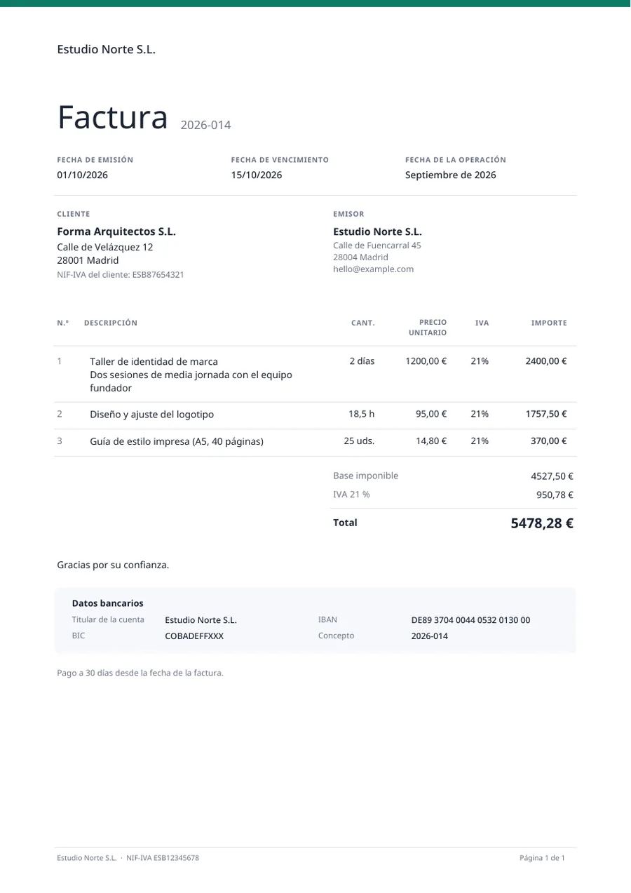 Plantilla de factura con el diseño Minimalista: conceptos, IVA y datos bancarios