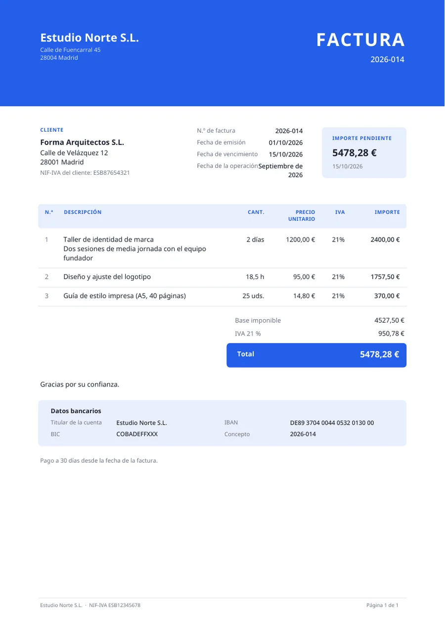 Plantilla de factura con el diseño Moderno: conceptos, IVA y datos bancarios