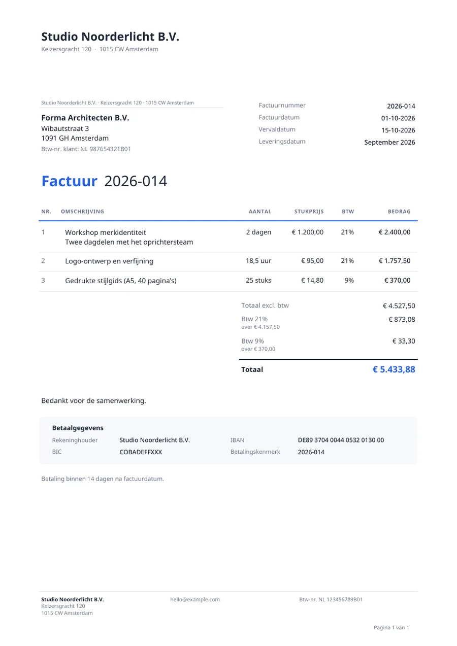 Factuursjabloon Klassiek met factuurregels, btw en bankgegevens