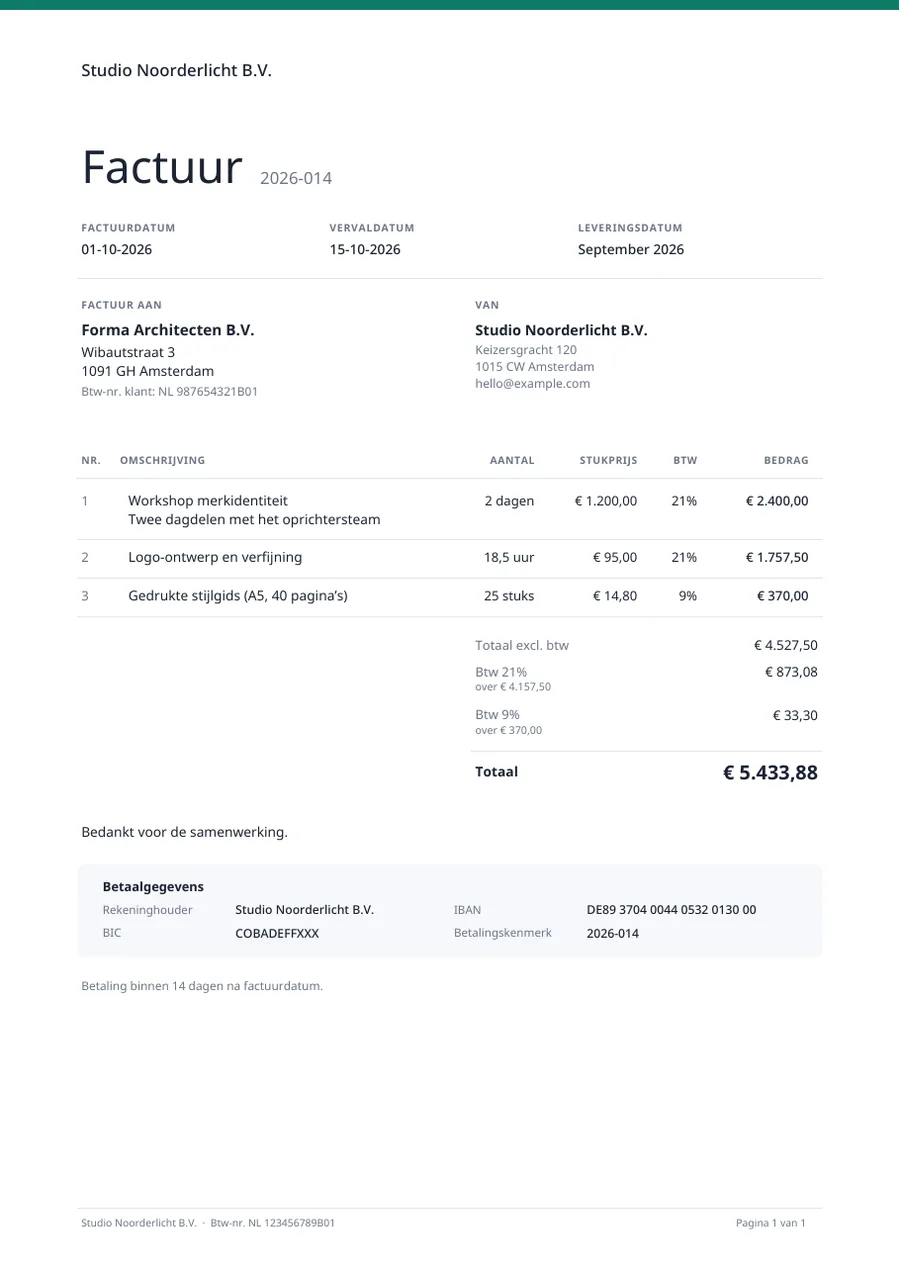 Factuursjabloon Minimalistisch met factuurregels, btw en bankgegevens