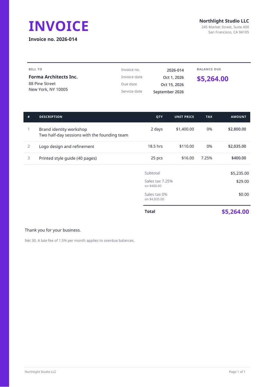 Bold invoice template with line items, sales tax and payment terms