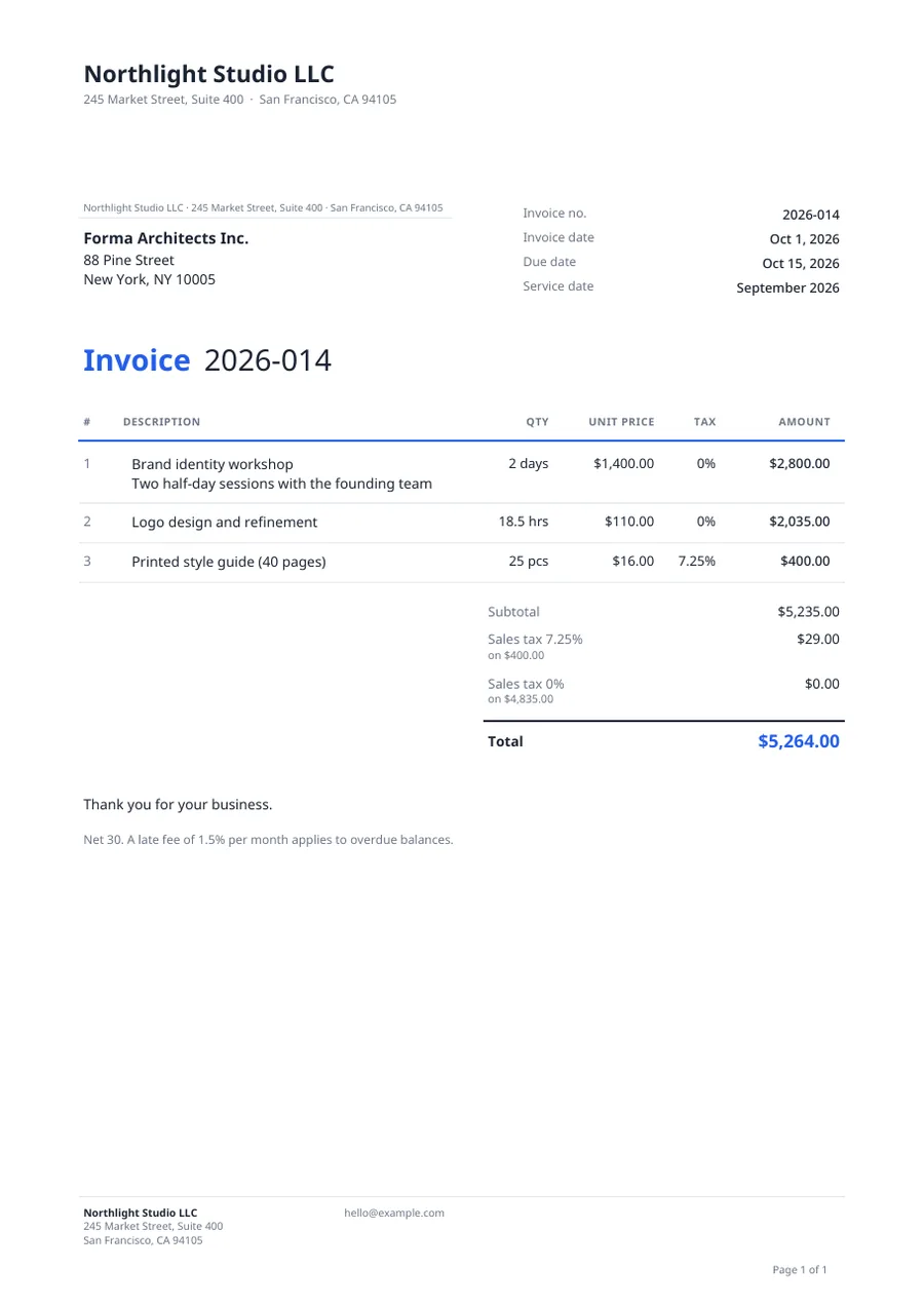 Classic invoice template with line items, sales tax and payment terms
