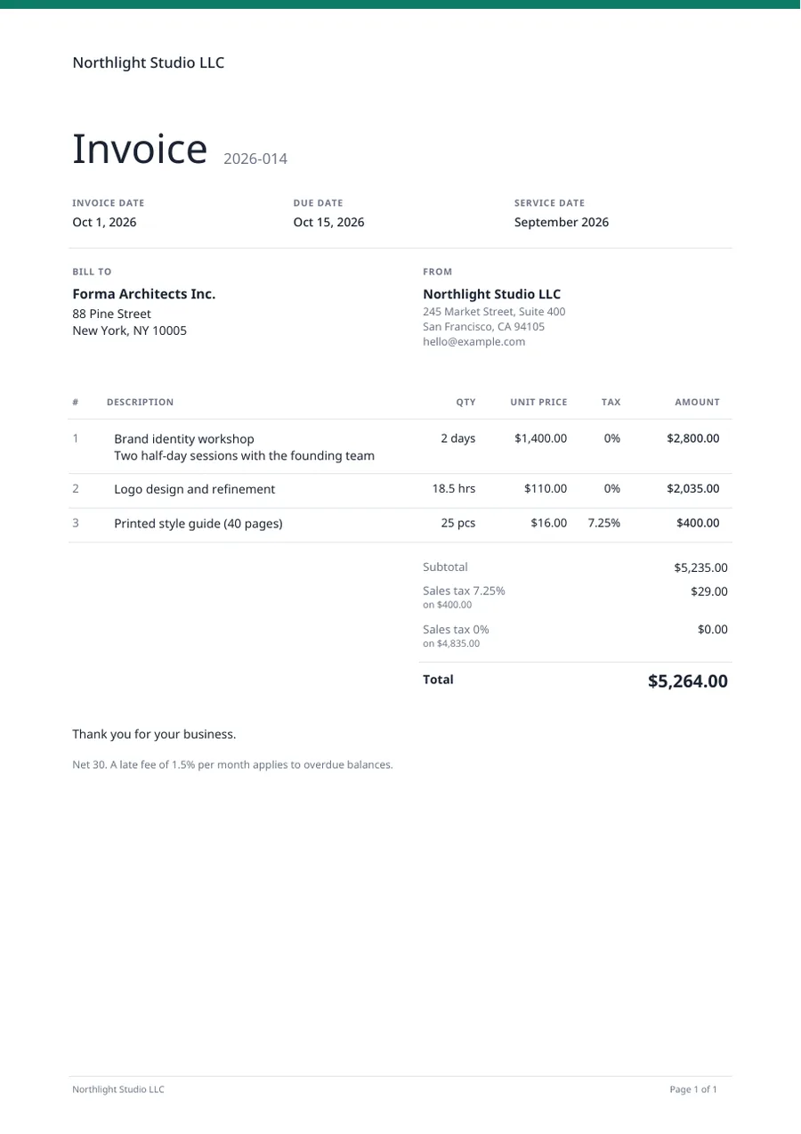 Minimal invoice template with line items, sales tax and payment terms