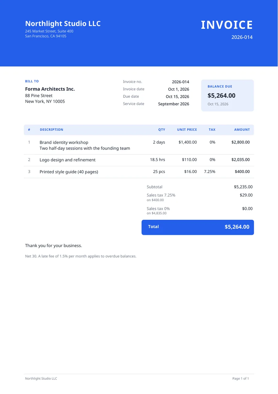 Example invoice created with Dunlio